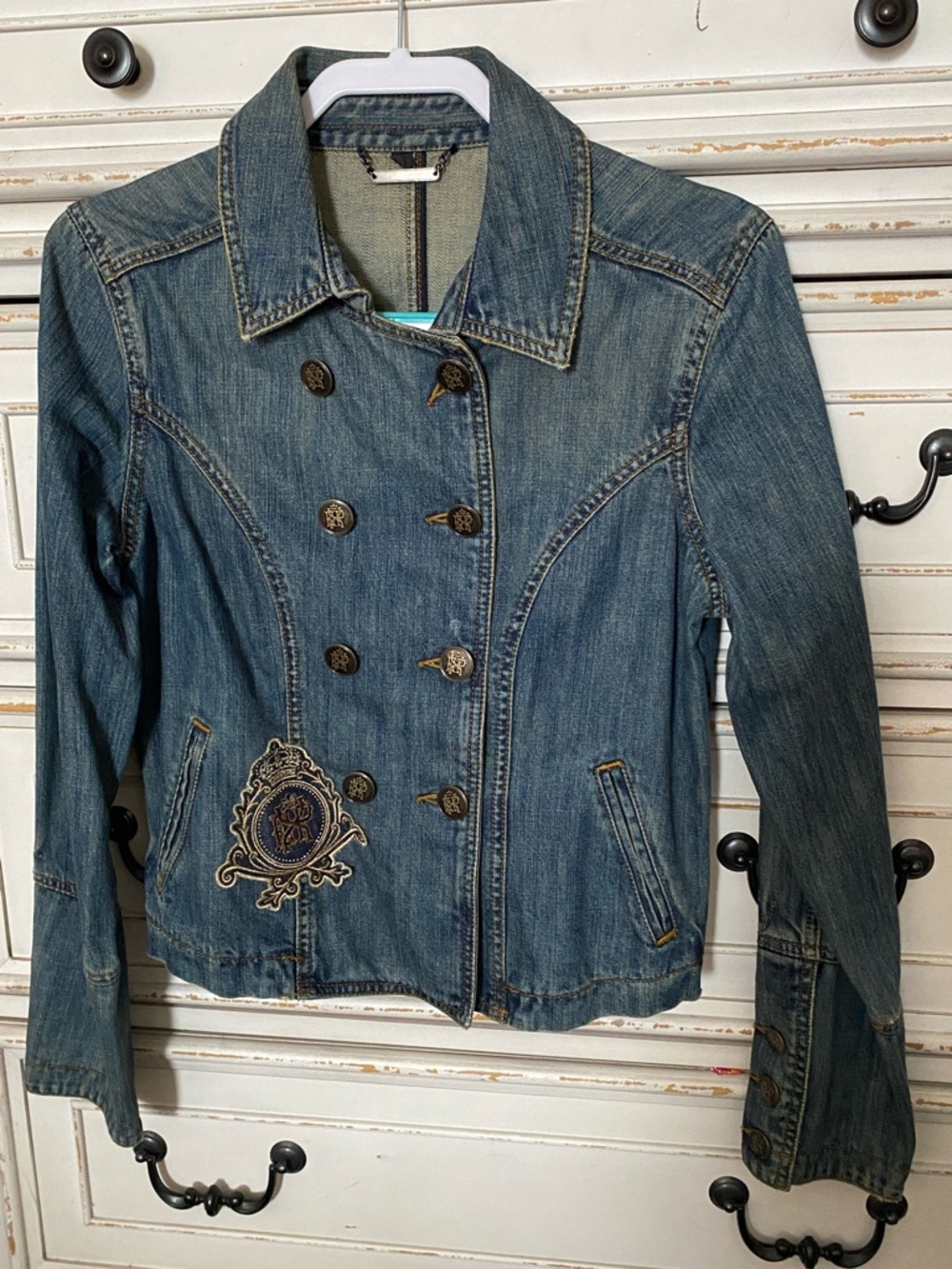 Express Blue Denim Double-Breasted Jean Jacket with Embroidered Crest